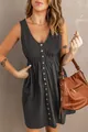 Detailed view of women's sleeveless charcoal grey V-neck dress with wooden button details. - Dark Gray
