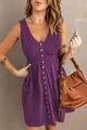 Detailed view of a purple V-neck sleeveless dress featuring front buttons and elastic waistline - S / Bottoms / Purple