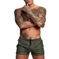 Detail view of army green quick dry beach shorts with drawstring on male model - M / Bottoms / Army Green
