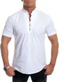 Close-up of men's white short-sleeved Henley shirt with buttoned stand collar detail - M / Tops / White