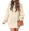 Vestido de punto trenzado oversize con cuello redondo y manga larga en color crema - Albaricoque
