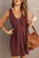 Elegant burgundy sleeveless mini dress with button front and elastic waist styling - S / Bottoms / Burgundy