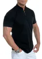 Macro view of men's slim-fit Henley collar black shirt with button detail. - M / Tops / Black