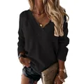 Chic black oversized V-neck long sleeve knit sweater for women, fall winter fashion - Black