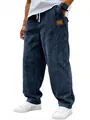 Pantalon en velours côtelé bleu marine pour homme, coupe droite décontractée avec cordon - Bleu marine