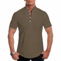 Detail view of khaki casual short-sleeved shirt with stand collar and button front - Brown