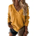 Trendy mustard yellow women's oversized V-neck knit sweater top for autumn and winter - S / Tops / Yellow