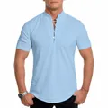 Detailed view of men's light blue short sleeve shirt with Mandarin collar - Light Blue