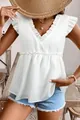 Detail view of the elegant white sleeveless top with ruffle trim and deep V-neckline - S / Tops / White