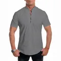 Close-up of grey short-sleeved slim fit Henley shirt for men with stand collar - M / Tops / Gray