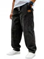 Pantalon en velours côtelé à jambe droite et taille à cordon pour hommes en gris - Noir