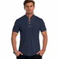 Close-up of men's casual short sleeve shirt in dark blue with stand collar and buttons - Dark Blue