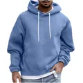 Close-up of a stylish blue men's casual hoodie featuring a front kangaroo pocket - Denim Blue