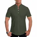 Detail view of olive green short sleeve mandarin collar casual shirt for men - M / Tops / Green