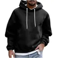 Detailed close-up view of a men's loose black fleece hoodie with contrast white drawstrings. - M / Tops / Black