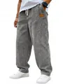 Pantalon en velours côtelé gris pour homme, coupe droite ample avec cordon de serrage - S / Bas / Gris clair