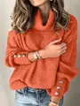 Pull en maille orange pour femme avec col roulé et détails de boutons dorés aux poignets - Rouge Brique