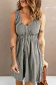 Detailed shot of grey sleeveless mini dress with button front and textured fabric - Light Gray