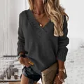 Elegant women's dark grey V-neck long sleeve knit pullover sweater variant view - Dark Gray