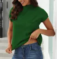 Close-up of a women's green ribbed short sleeve half-turtleneck casual sweater vest - Green