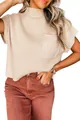 Close-up detail of beige mock neck knit sweater vest featuring a functional chest pocket - Apricot