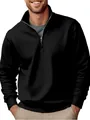 Gros plan d'un sweat-shirt noir à quart de zip pour hommes avec un col montant élégant. - Noir