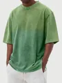 Close-up of mens vintage washed green gradient t-shirt showing distressed collar texture - S / Tops / Green