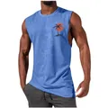 Detailed view of blue men's tank top featuring a tropical palm tree chest print - S / Tops / Blue