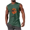 Men's muscle tank top featuring a vibrant tropical palm tree and sunset graphic print. - S / Tops / Green