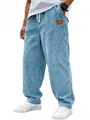 Pantalon en velours côtelé bleu clair pour homme avec cordon de serrage et coupe droite - Bleu ciel