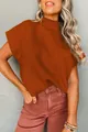 Detail view of the burnt orange ribbed knit texture and chest pocket on a mock neck sweater vest - S / Tops / Orange Red