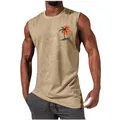 Detailed view of men's muscle tank top with palm tree print on sand-colored fabric - Apricot