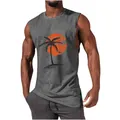 Men's charcoal grey muscle tank top featuring a vibrant orange palm tree sunset graphic. - S / Tops / Light Gray