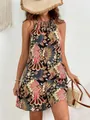 Full view detail of bohemian printed halter neck mini dress with vibrant feather motifs - S / Top And Bottom / Black