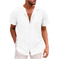 Vista dettagliata della camicia da uomo bianca a maniche corte con ricamo e colletto - Taglia S / Top / Bianco