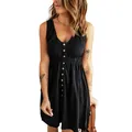 Elegant sexy sleeveless black mini dress with V-neck and button-down front details - Black