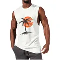 Detail shot of white men's muscle tank top featuring a tropical palm tree graphic. - S / Tops / White