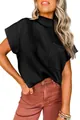 Women's black ribbed knit sweater vest featuring a high neck and short batwing sleeves. - Black