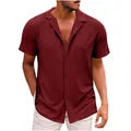 Primo piano di una camicia bordeaux a maniche corte da uomo con ricamo ad occhielli - Taglia S / Top / Borgogna