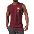 Front detail of men's burgundy muscle tank top with tropical palm tree and sunset print - Burgundy