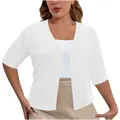 Elegant white short sleeve open front shrug knit cardigan sweater for plus size women - White