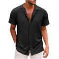 Dettaglio di camicia nera da uomo a maniche corte con intricato motivo ricamato traforato - Taglia S / Top / Nero
