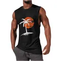 Close-up detail of men's black muscle tank top featuring a tropical palm tree print - S / Tops / Black
