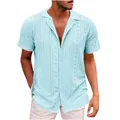 Dettaglio della camicia azzurra da uomo a maniche corte con colletto e motivi a occhielli - Taglia S / Top / Verde smeraldo