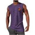 Detail view of men's muscle tank top with sunset palm tree print on chest. - Purple
