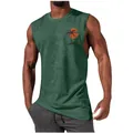 Men's green muscle tank top featuring a tropical palm tree and sunset chest print design - Green
