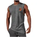 Detail of gray muscle tank top for men featuring a small palm tree chest print - S / Tops / Light Gray