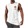 Close-up detail of men's white athletic muscle tank top with a sunset palm tree print - S / Tops / White