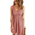Stylish pink sleeveless V-neck mini dress with button front and high waist design - Pink