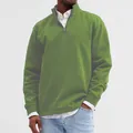 Stylish men's olive green quarter-zip stand collar sweatshirt worn over a white collared shirt - Light Green